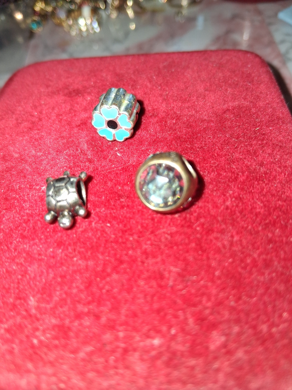 Silver Turtle Charm, Blue Flower & Crystal Bead Trio - Women Jewelry